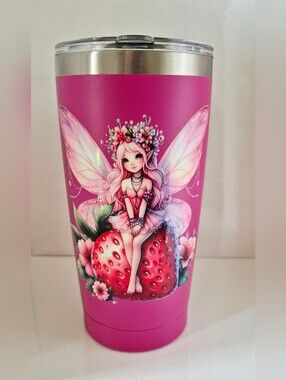 Pink Fairy StrawberryTravel Tumbler Mug 20Oz Double Wall Stainless Steel